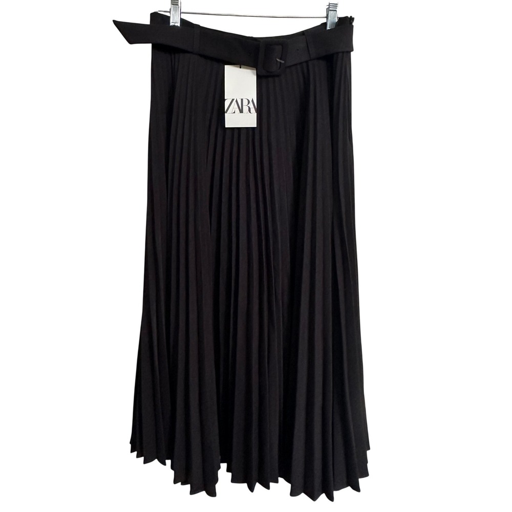 ZARA NWT Black Pleated Belted Midi Skirt Size Medium